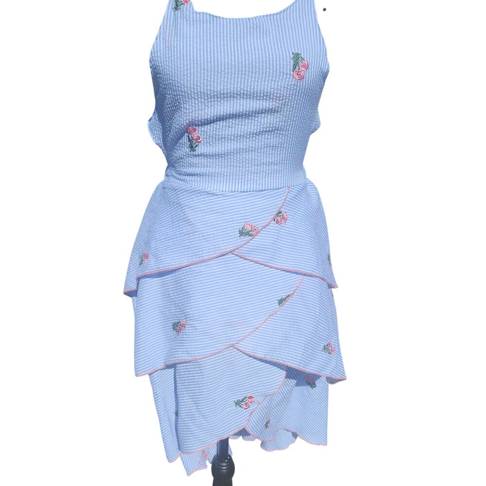 Seersucker Dress Ruffle Pink Roses Halter Top Ties Backless Sun Dress SMALL